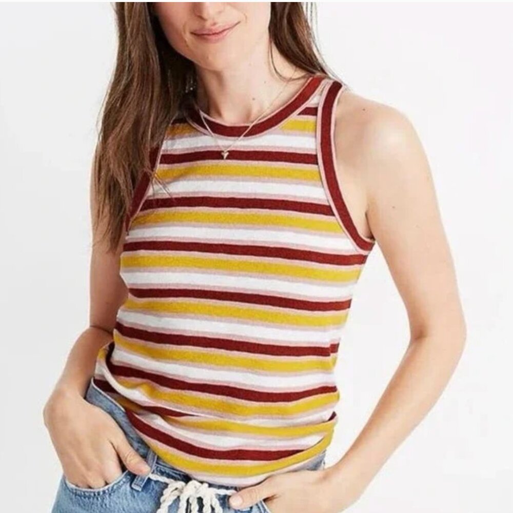 *Madewell* Westville Ribbed Tank Top | Burgundy & Yellow Stripes | XXS | EUC